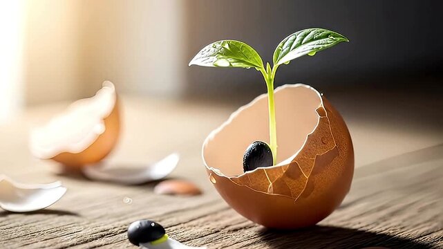 A vibrant green sprout with two fresh leaves emerges from a dark seed, carefully cradled within a cracked brown eggshell on a rustic wooden surface. Scattered eggshell fragments surround this delicate