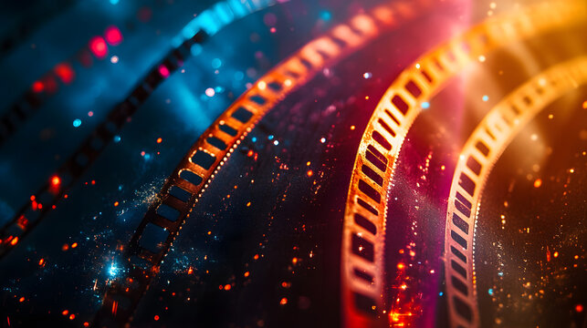 Retro cinematic film strip overlay with glowing light leaks and dust particles creating vintage movie background for cinema production and media design.