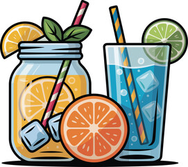 Colorful illustration of refreshing summer drinks with straws and slices