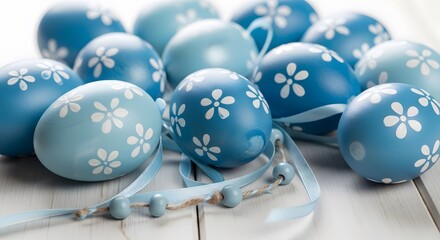 Naklejka premium Easter day decorated blue eggs with floral patterns on wooden table