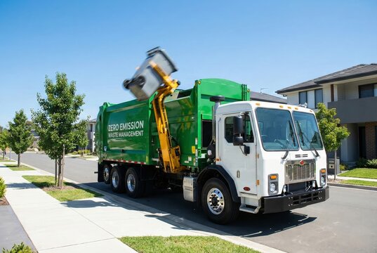 Automated side loading electric garbage truck emptying a wheelie bin on a clean street.