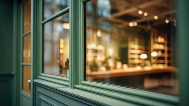 Symmetrical fronton closeup sage green shop front window interior modern minimal post office green silver aluminium warm light realistic