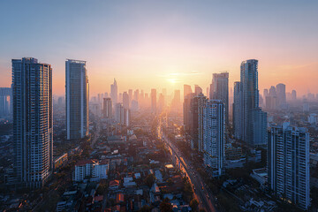 Fototapeta premium Aerial view of modern city skyline with skyscraper buildings and glowing sunset creating warm and peaceful urban atmosphere