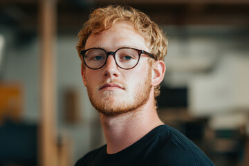 Fototapeta premium Young man with glasses and red hair looking confidently at camera in indoor setting