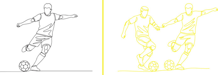 Obraz premium A dynamic vector set featuring male soccer players in action: a detailed black line art sketch of athletes dribbling and kicking, alongside a minimalist blue illustration of a player.
