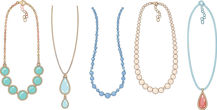 Elegant Jewelry Necklace Collection Featuring Pearl Beads Diamond Pendants and Gemstone Chains for Fashion Illustration Beauty Branding Wedding Designs and Luxury Vector Graphics