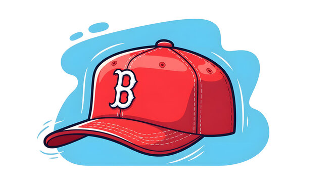 A vibrant red baseball cap with a white letter B on the front depicted in a clean cartoon style