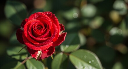 Fototapeta premium Beautiful Red Rose with Dew Drops on Leaves.