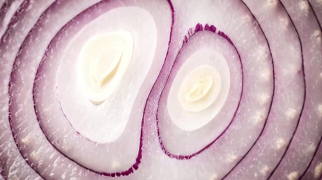 A vibrant red onion, sliced perfectly in half, reveals its beautiful and intricate layered internal structure against a clean white background. The video features a detailed close-up shot of the raw v
