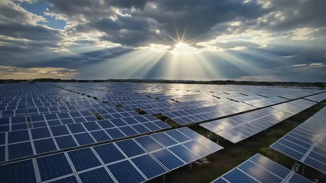 Large solar panel array with sun rays shining through cloudy sky in background.