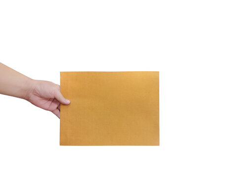 A man's hand is holding a large brown envelope or document folder PNG transparent.