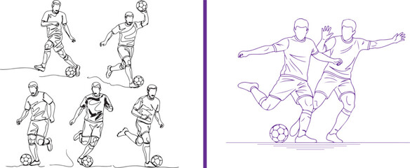 A dynamic vector set featuring male football players in various action poses, including dribbling and kicking a soccer ball, rendered in both black and purple minimalist line art. © Muhammad