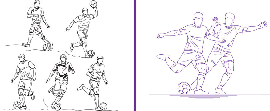 A dynamic vector set featuring male football players in various action poses, including dribbling and kicking a soccer ball, rendered in both black and purple minimalist line art.