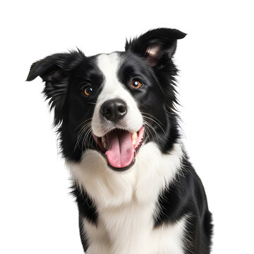 Playful black and white border collie dog with a joyful open-mouth smile isolated on white background