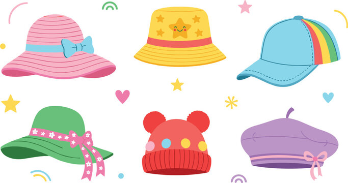 Cute Kawaii Hat Collection Illustration with Striped Bucket Hats Star Sun Hats Rainbow Caps Pom Pom Beanies Berets Bows Ribbons Hearts Stars for Kids Fashion Accessories and Summer Designs