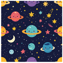 Naklejka premium Seamless Vector Pattern of Cute Aliens, Planets, and Stars for Space Scrapbook Design
