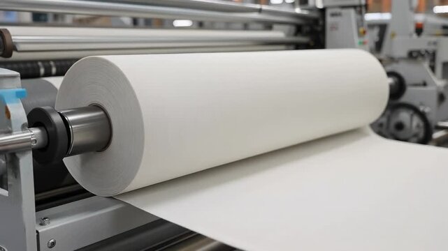 Close-up of a roll of blank paper on a printing machine.