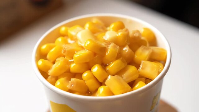 Close-up of glossy, vibrant sweet corn kernels served in a white paper cup, highlighting the texture and bright yellow color of the cooked vegetable side dish or snack.