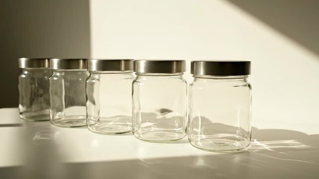 Four empty glass jars with silver lids on a white surface 4k video