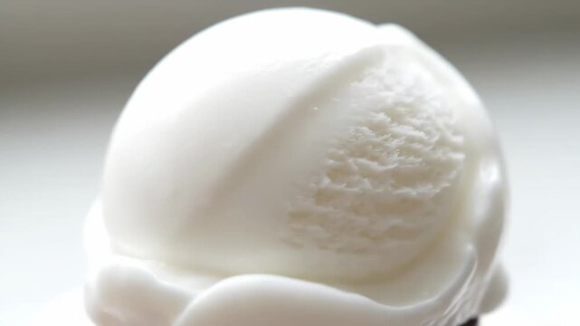 Macro shot of a single scoop of white ice cream or gelato. extreme close-up showcasing the smooth, glossy surface and creamy texture on a bright, high-key background.