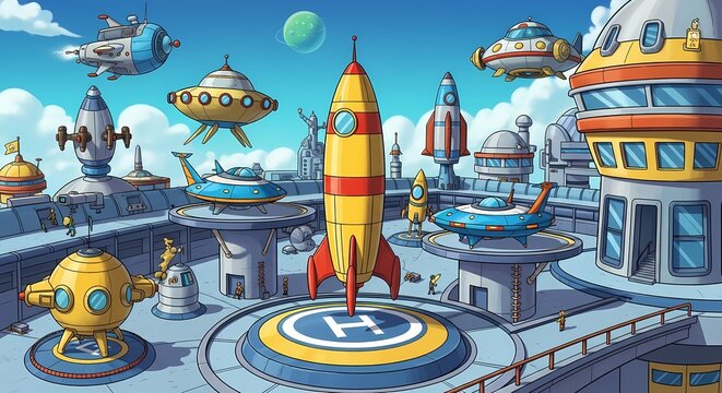 Futuristic spaceport with various rockets