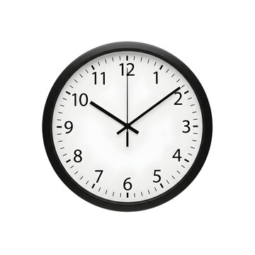 Analog wall clock with black border and white face displaying time in 12-hour format isolated on white background