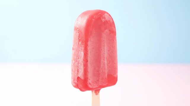 Close up of a frozen red popsicle on a wooden stick, slightly melting and covered in frost, standing against a bright, minimalist blue and white background.