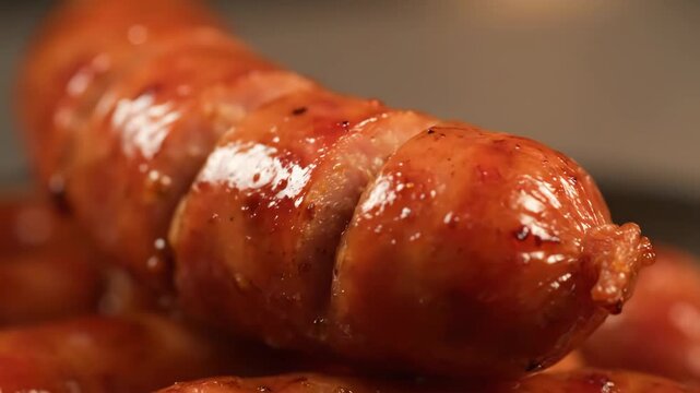 Macro close-up of sizzling, glossy grilled sausages cooking until perfectly browned and juicy