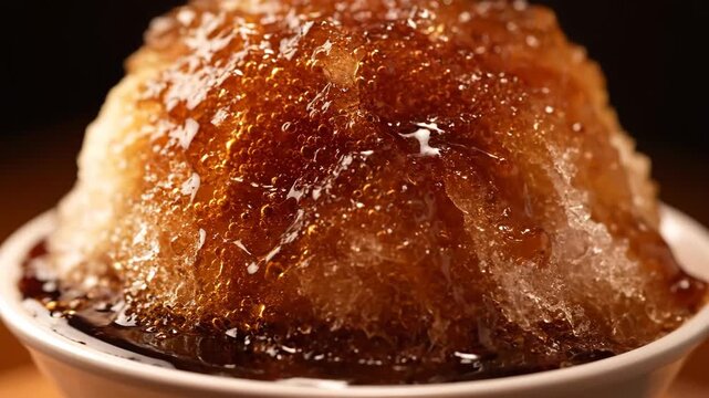 Extreme close-up of luxurious shaved ice dessert (kakigori) drenched in sticky brown sugar syrup and creamy condensed milk, isolated against a dark background for food photography.
