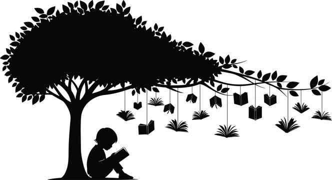 Silhouette of child reading under tree with books as fruit, black and white vector illustration symbolizing knowledge, education, growth, and learning concepts