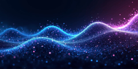 A deep blue abstract background features a bright galaxy nebula with glowing stars and light across the dark starry night sky of the outer space cosmos © lima