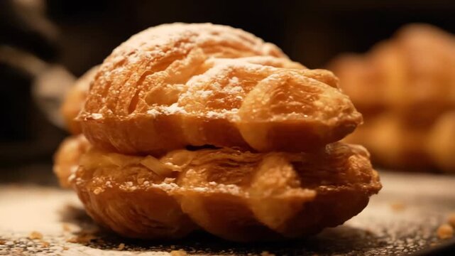 Stacked profiteroles or cream puffs dusted with powdered sugar, detailed close-up shot with moody, dark lighting