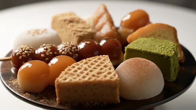 Assortment of traditional japanese wagashi sweets including mitarashi dango skewers, mochi, kinako, and matcha dessert blocks on a dark serving plate, close up studio shot.