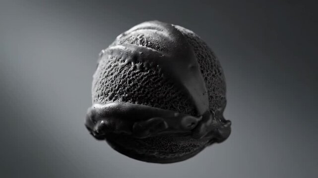 Dramatic close-up of a single black ice cream scoop drizzled with dark sauce, floating against a gradient gray background.