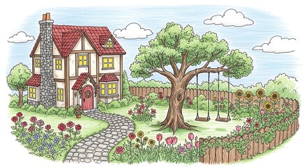 Fototapeta premium Whimsical House with Garden and Tree.