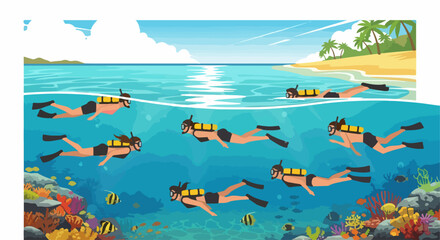 Group of divers exploring underwater coral reefs in a tropical paradise with a palm tree beach above the surface. © Maya