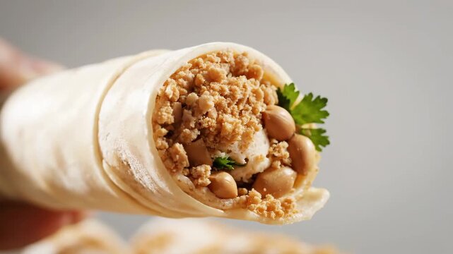 Detailed view of gourmet savory wrap filled with peanuts and crunchy farofa crumbs on a light background