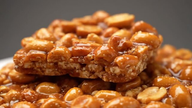Macro close-up of crispy peanut brittle stacked, featuring glazed caramelized peanuts. sweet traditional chikki dessert or candy bar against a dark background.