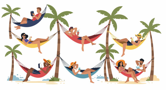 Vector illustration of diverse people relaxing in hammocks between palm trees on a tropical beach, reading, drinking cocktails, and enjoying summer vacation.