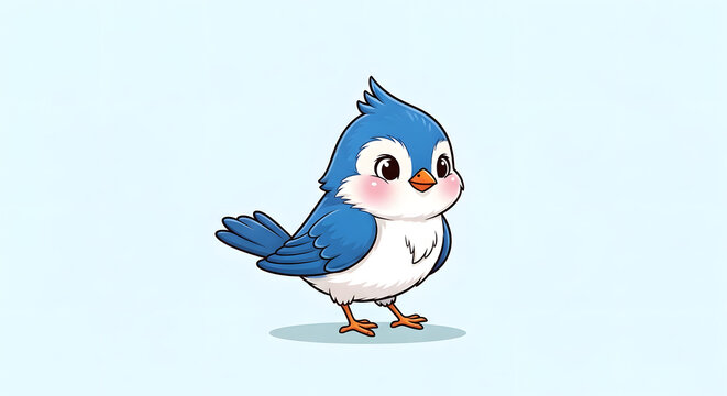 A cute and fluffy blue bird character standing on a plain background