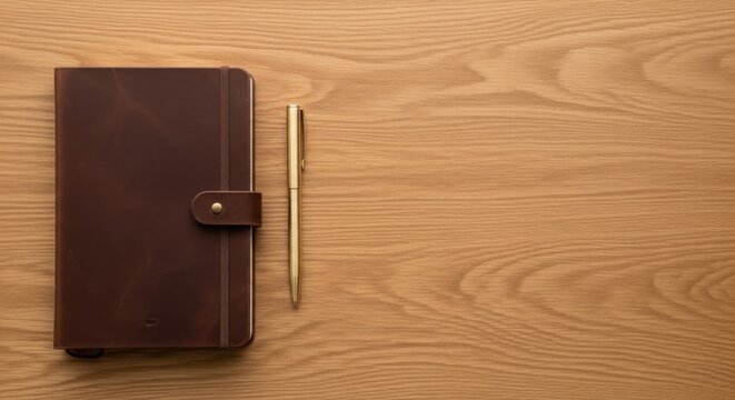 A minimalist desk setup with a single, elegant leather notebook and a gold pen, viewed from above. Empty space on the right