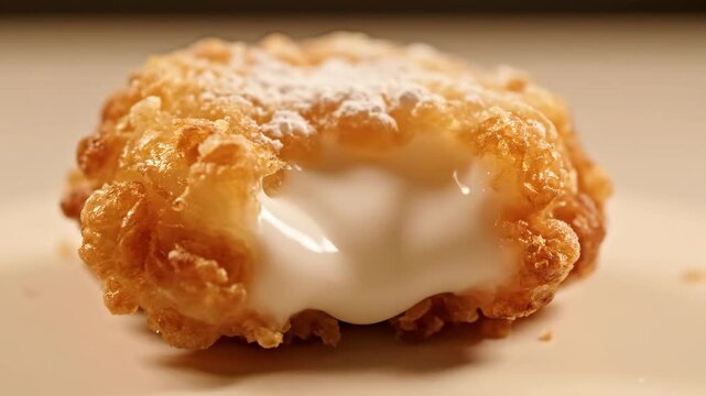 Delicious golden deep fried pastry ball dusted with powdered sugar. macro shot of a single sweet fritter or zeppole dessert.