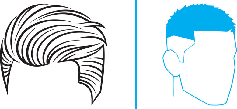 Vector illustrations of male hairstyles: a detailed black line art pompadour and a minimalist blue buzz cut with a fade. Clean, modern icons perfect for barbershop logos and grooming branding.