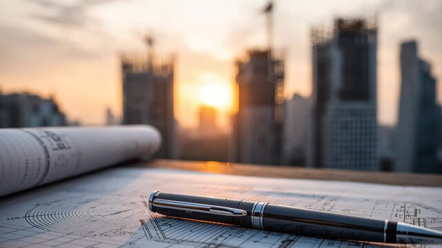 Pen resting on blueprints with city buildings during sunset  