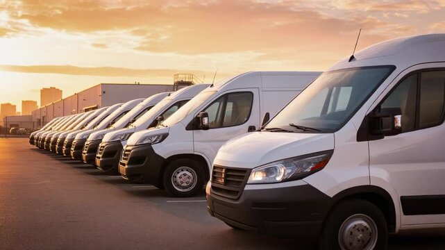 A fleet of white vans parked in a line at sunset with a city in the background.