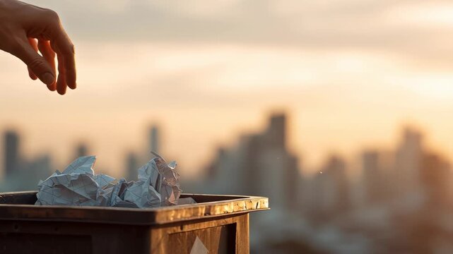 Hand throwing crumpled paper into a waste bin at sunset cityscape  
