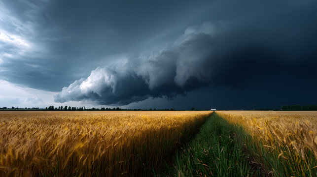 Powerful shelf cloud of a severe supercell thunderstorm looming dramatically over a vast golden wheat field in a rural landscape, symbolizing weather extremes and climate change.