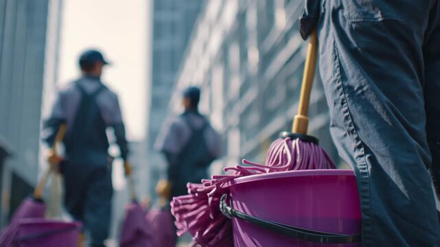 Cleaning staff carrying mops and buckets walking in modern city  