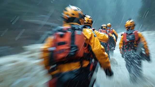 Rescue team wearing life jackets and helmets running in heavy rain  