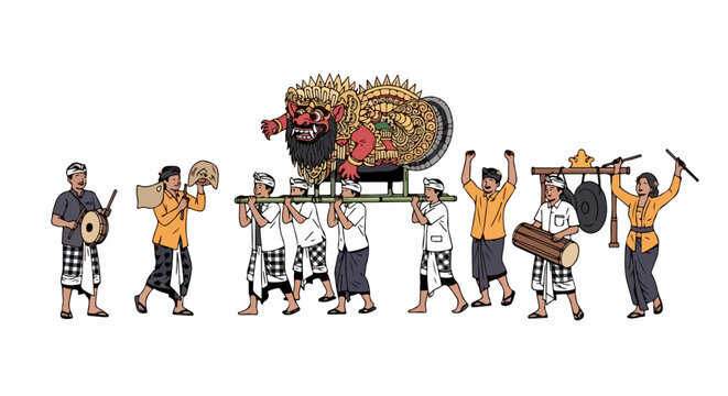 Illustration of Balinese people in traditional dress performing a parade with a Barong mask, drums, and gongs for cultural celebration.